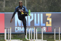 Napoli's Victor Osimhen attends a training session in Castel Volturno, near Naples, Italy, Feb. 20, 2024. SSC Napoli will face FC Barcelona for a Chamions League, round of sixteen first leg, soccer match on Wednesday, Feb. 21. (Alessandro Garofalo/LaPresse via AP)