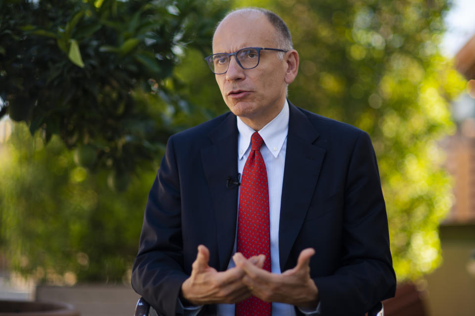 Democratic Party's leader Enrico Letta speaks during an interview with The Associated Press in Rome, Tuesday, Sep. 13, 2022. Italians will vote on Sunday in what is being billed as a crucial election as Europe reels from repercussions of Russia's war in Ukraine. (AP Photo/Domenico Stinellis)