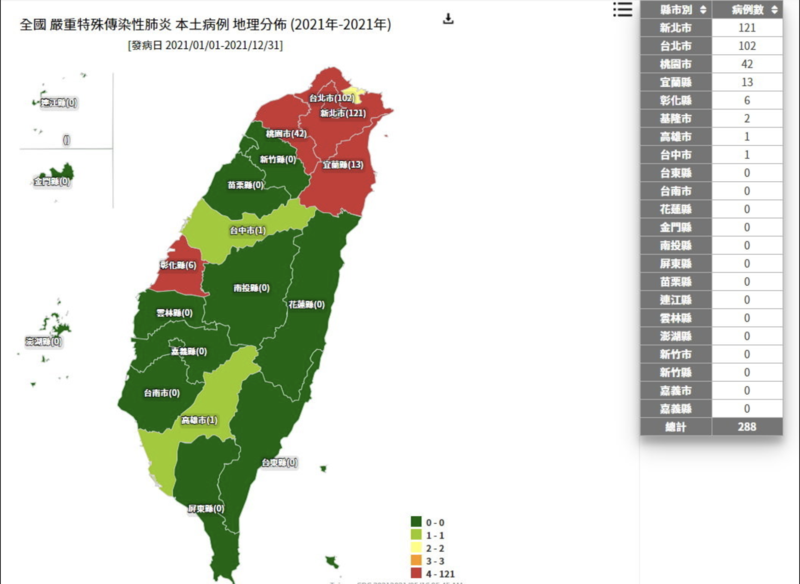 由疾管署統計出的本土病例確診地理分布圖。（翻攝自疾管署官網）