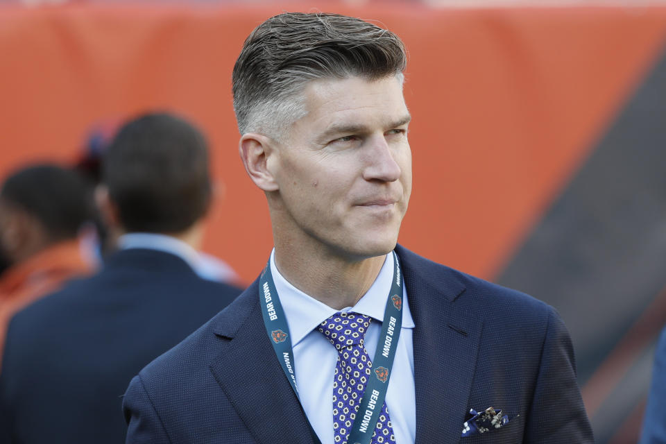 FILE - In this Sept. 5, 2019, file photo, Chicago Bears general manager Ryan Pace walks the field before the team's NFL football game against the Green Bay Packers in Chicago. Pace had few answers when it came to the two biggest questions facing the Bears in the offseason. He wouldn't rule out anything when it comes to a potential starting quarterback next year, not even a return for Mitchell Trubisky. And he said the Bears haven't decided whether to use the franchise tag on star receiver Allen Robinson. (AP Photo/Charles Rex Arbogast, File)