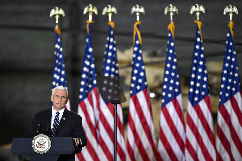 Vice President Mike Pence delivers remarks to Army 10th Mountain Division soldiers, many of whom have recently returned from Afghanistan, in Fort Drum, N.Y., Sunday, Jan. 17, 2021. (AP Photo/Adrian Kraus)