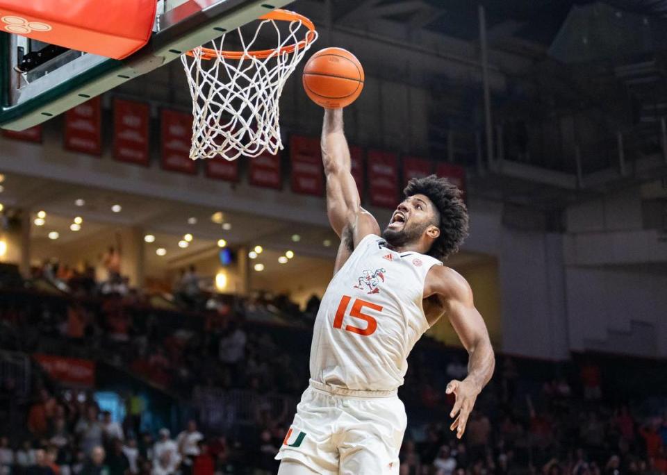 Miami Hurricanes forward Norchad Omier (15) scores against the Virginia Tech Hokies during the second half of their NCAA basketball game at the Watsco Center on Saturday, Feb. 3, 2024, in Coral Gables, Fla.