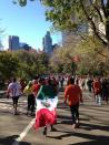 An unofficial #NYCMarathon is taking place in Central Park. Runners running away from the "official" finish line