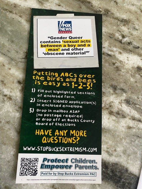 Copy of a mailer sent to 17,000 voters in the Central Bucks School District by a Political Action Committee whose founder lives in Virginia. The PAC website supporting the five GOP school board candidates includes false information including that sexually explicit library materials were made available to 5-year-olds.