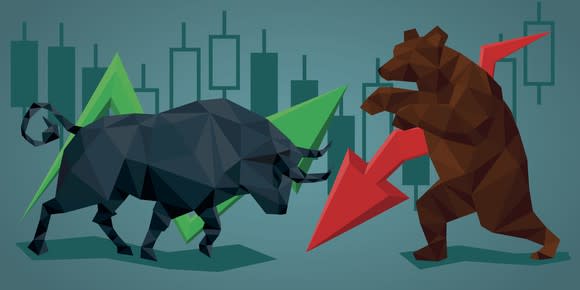 Bull and bear with up and down arrows.