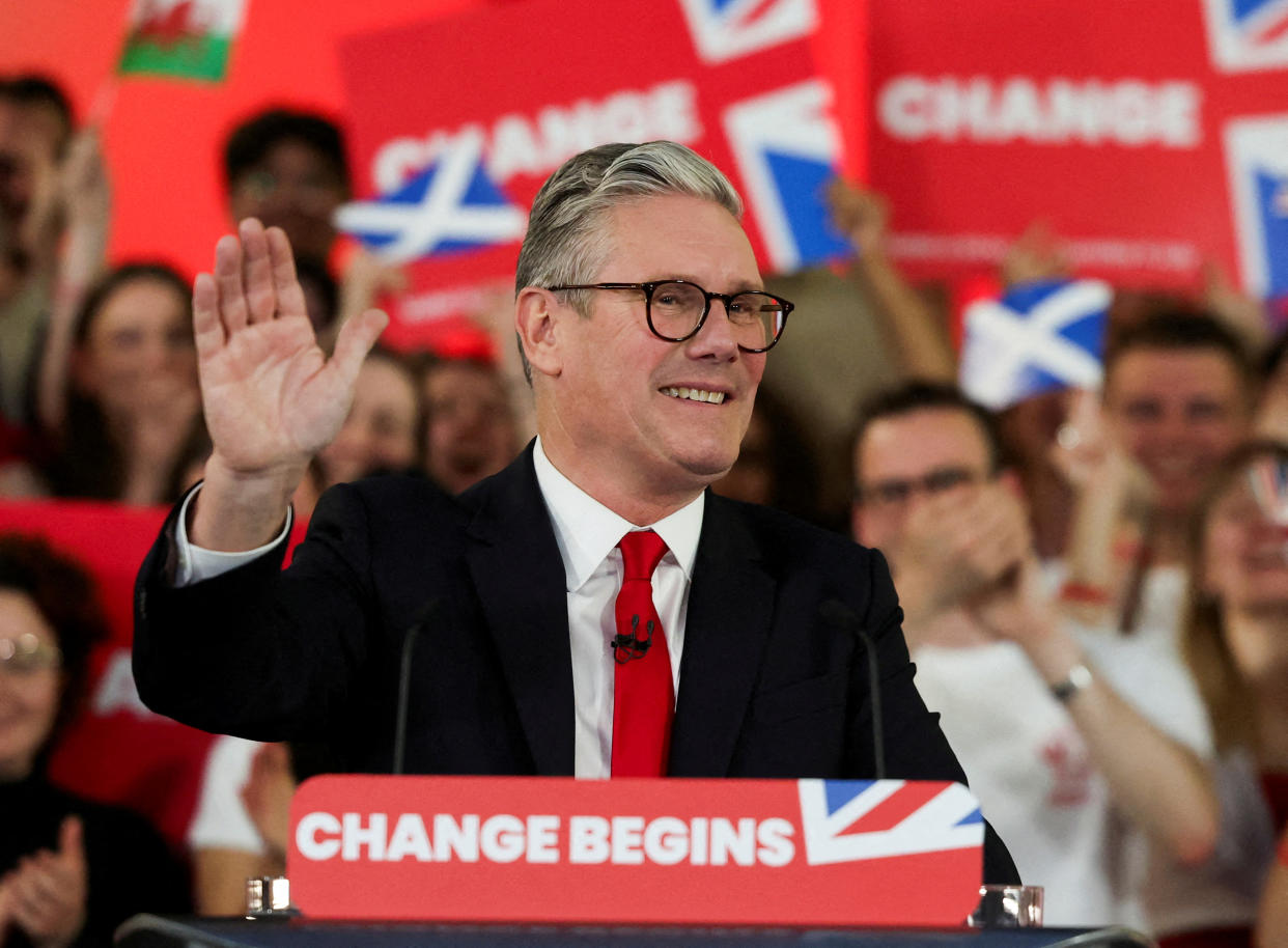 Keir Starmer, leader of Britain's Labour party, reacts as he speaks at a reception to celebrate his win in the election, at Tate Modern, in London, Britain, July 5, 2024. REUTERS/Suzanne Plunkett/File Photo