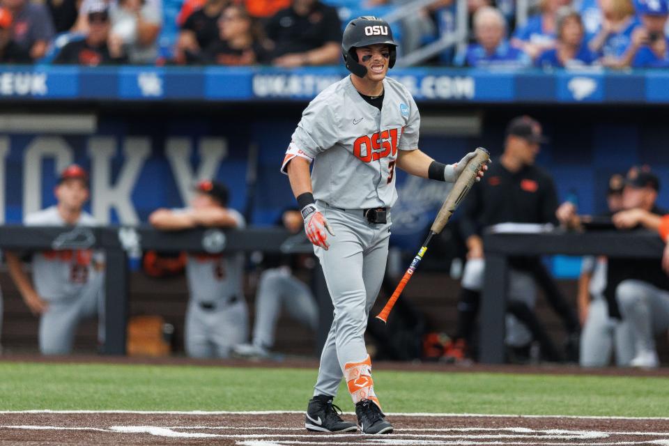 Oregon State Beavers infielder Travis Bazzana (37) reacts to a strike during the third inning against the Kentucky Wildcats at Kentucky Proud Park.