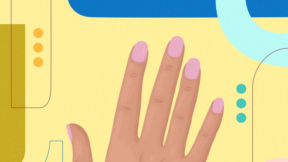 Illustration of a hand with round pink nails against a yellow background