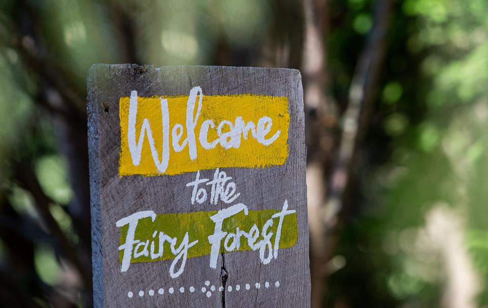 A sign at the entrance to the Fairy Forest at Yew Dell Botanical Gardens. May 11, 2023