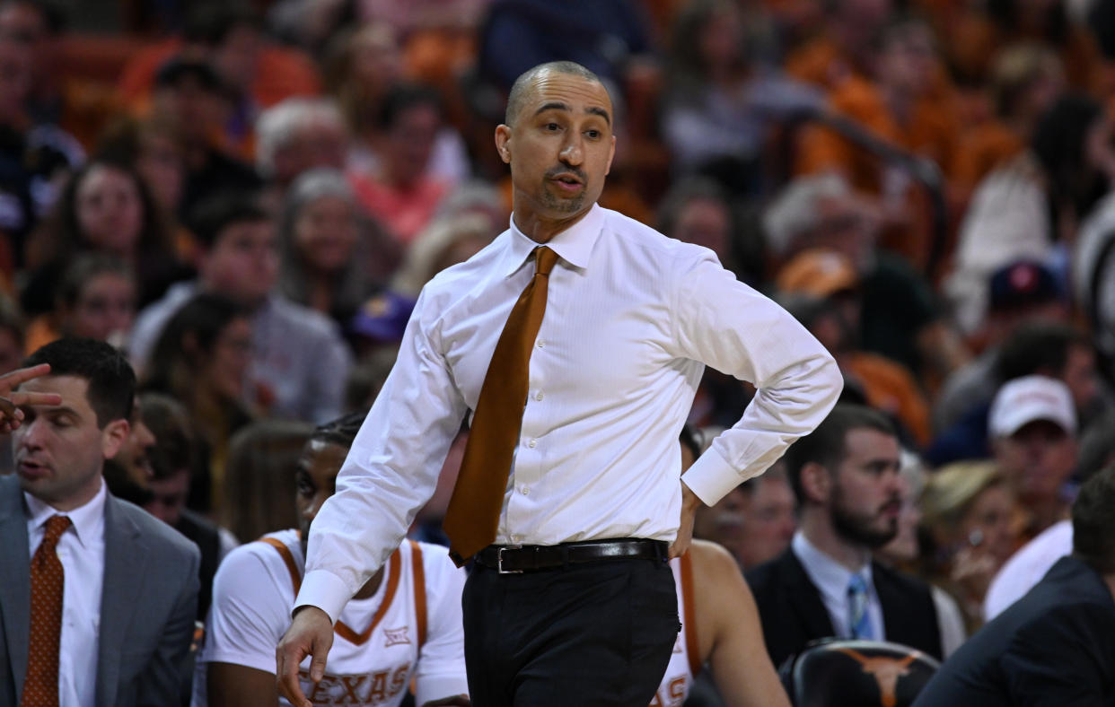 AUSTIN, TX - JANUARY 08: Texas Longhorns head coach Shaka Smart watches action during game against the Oklahoma Sooners on January 8, 2020, at the Frank Erwin Center in Austin, TX. (Photo by John Rivera/Icon Sportswire via Getty Images)