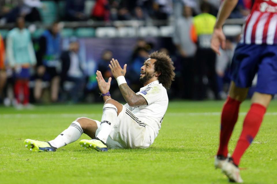 Marcelo lamentándose durante la disputa del partido de la Supercopa de Europa en Tallín (EFE/VALDA KALNINA)