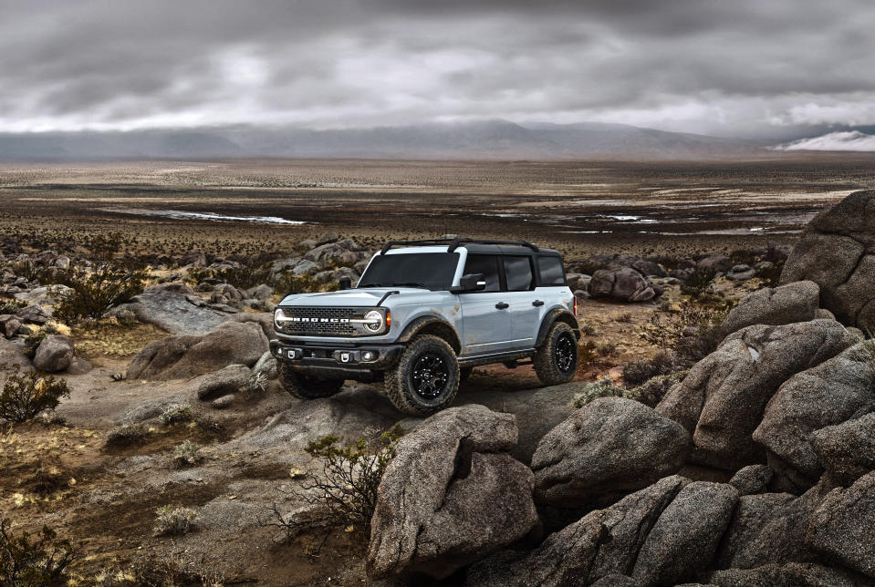 This photo provided by Ford Motor Company shows the 2022 Ford Bronco. The Bronco is an example of an off-road ready SUV with standard four-wheel-drive and rugged body-on-frame construction. (Courtesy of Ford Motor Co. via AP)