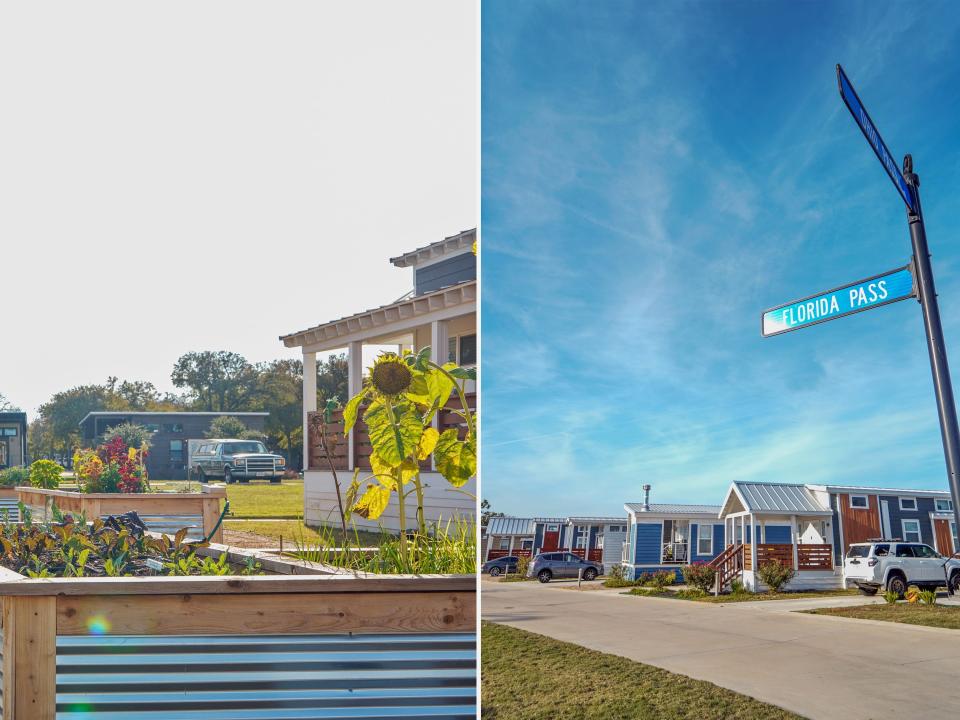 A garden (L) and a street of tiny homes (R)