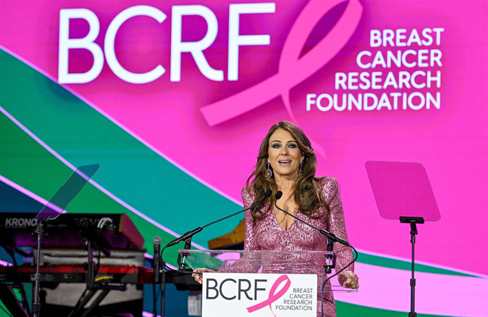 Elizabeth Hurley speaks onstage during the Breast Cancer Research Foundation Hot Pink Party on May 10, 2022 in New York City. - Credit: Bryan Bedder/Getty Images