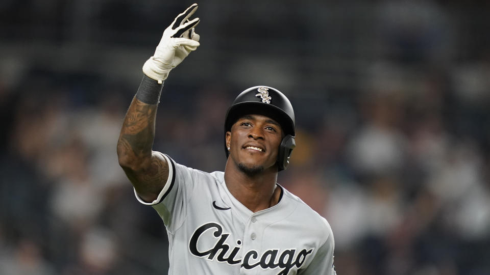 Chicago White Sox' Tim Anderson reacts towards the crowd while running the bases after hitting a three-run home run off New York Yankees relief pitcher Miguel Castro in the eighth inning of the second baseball game of a doubleheader, Sunday, May 22, 2022, in New York. (AP Photo/John Minchillo)