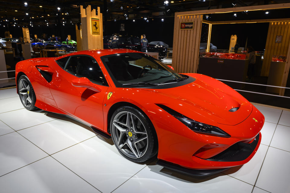 BRUSSELS, BELGIUM - JANUARY 08: Ferrari F8 Tributo Italian mid-engine sports car in red on display at Brussels Expo on JANUARY 08, 2020 in Brussels, Belgium. The F8 Tributo uses a 3.9 L twin-turbocharged V8 engine.  (Photo by Sjoerd van der Wal/Getty Images)