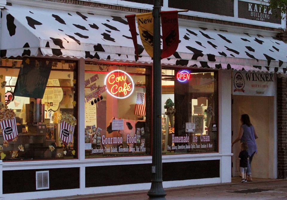 The Cow Cafe on Middle Street is open with take-out dining room service and serves hot dogs, sandwiches, popcorn and gourmet ice cream made by The Cow Cafe.