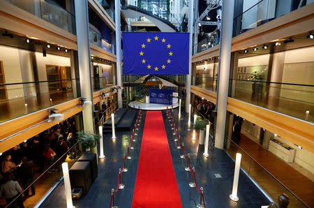 The protocol entrance of the European Parliament is seen at the European Parliament in Strasbourg, France, March 14, 2019. REUTERS/Vincent Kessler