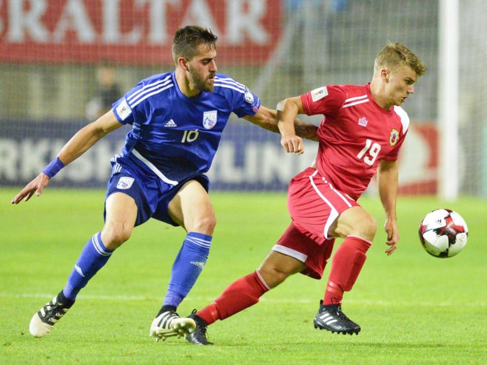 Coomes playing for Gibraltar against Cyprus (Gibraltar FA / Ian Martinez)