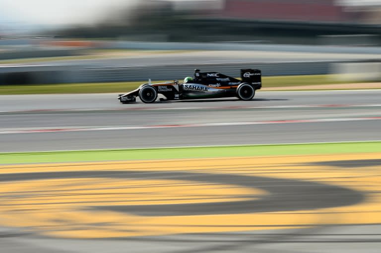 Force India team's German driver Nico Hulkenberg drives at the Circuit de Catalunya on February 24, 2016