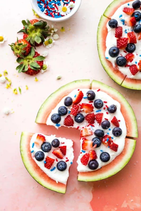 <p>Cupcakes & Kale Chips</p><p>A fun and healthy no-bake dessert for the summer that the kids will love to make and eat covered in whipped cream and fresh berries.</p><p><strong>Get the recipe: <a href="https://cupcakesandkalechips.com/berry-watermelon-pizza-recipe/" rel="nofollow noopener" target="_blank" data-ylk="slk:Berries and Cream Watermelon Pizza;elm:context_link;itc:0;sec:content-canvas" class="link ">Berries and Cream Watermelon Pizza</a></strong></p>