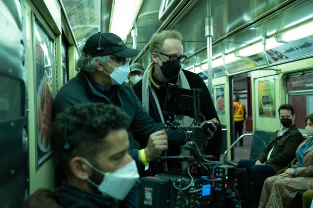 Director of photography Darius Khondji, left, and Gray on the set of 
