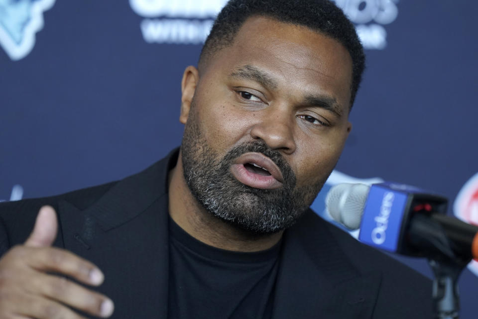 Newly-named New England Patriots head coach Jerod Mayo faces reporters, Wednesday, Jan. 17, 2024, during an NFL football news conference, in Foxborough, Mass. Mayo succeeds Bill Belichick as the franchise's 15th head coach. (AP Photo/Steven Senne)