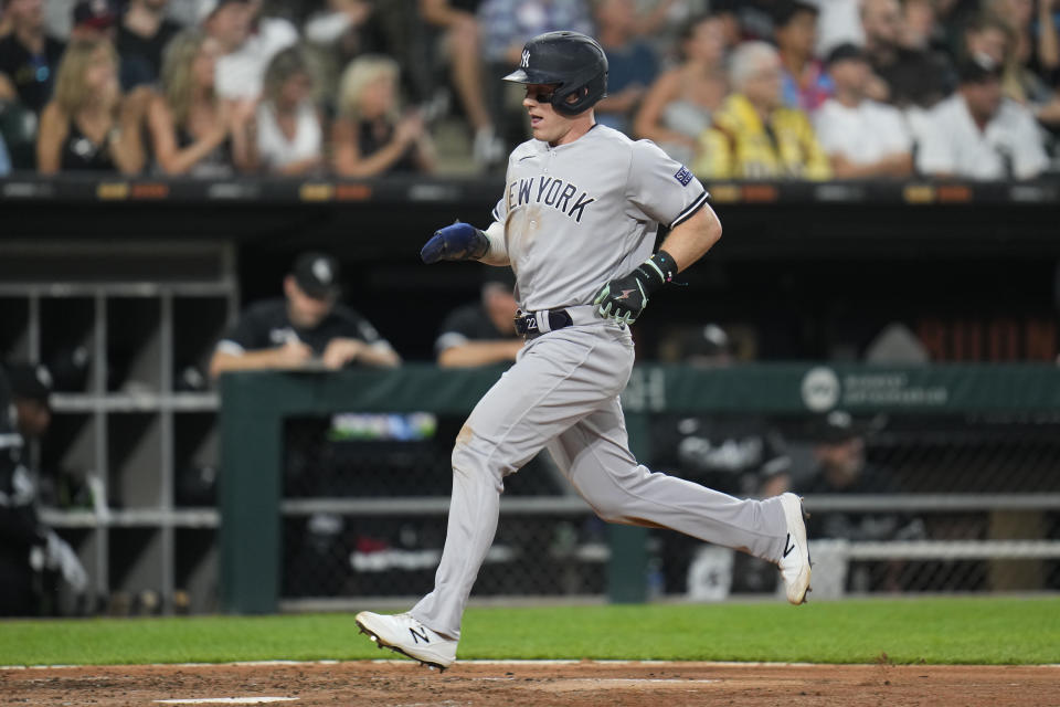 New York Yankees' Harrison Bader scores against the Chicago White Sox during the fourth inning of a baseball game Tuesday, Aug. 8, 2023, in Chicago. (AP Photo Erin Hooley)