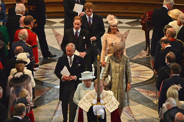 <div class="caption-credit"> Photo by: Jeff J Mitchell | Getty Images</div>Queen Elizabeth II and members of the Royal Family, depart St Pauls Cathedral following the service of thanksgiving on June 5, 2012 in London, England.