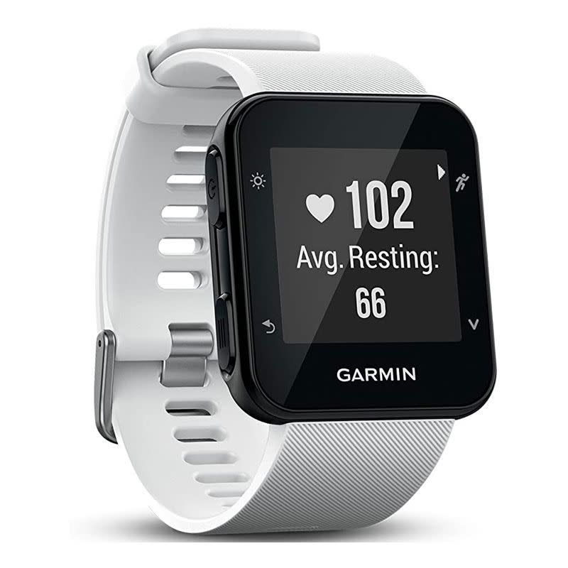 <p><strong>Garmin</strong></p><p>amazon.com</p><p><strong>$129.98</strong></p><p><a href="https://www.amazon.com/dp/B01K9W5EX6?tag=syn-yahoo-20&ascsubtag=%5Bartid%7C10060.g.38736647%5Bsrc%7Cyahoo-us" rel="nofollow noopener" target="_blank" data-ylk="slk:Shop Now" class="link rapid-noclick-resp">Shop Now</a></p><p><strong>Key Specs:</strong></p><ul><li><strong>Display Size:</strong> 23.5 x 23.4mm</li><li><strong>Weight:</strong> 37.3 grams</li><li><strong>Battery Life:</strong> Up to 9 days (smartwatch mode); Up to 13 hours (GPS mode)</li><li><strong>Water Resistance:</strong> 50 meters</li></ul><p>Although this model is several years older than Garmin’s newest offerings, the beauty of the Forerunner 35 is its simplicity. No touchscreen here—the flat rectangular display can be navigated with four buttons, and the lack of seemingly endless options to scroll through makes this watch a winner for users who prefer less “bells and whistles.” With the Forerunner 35, track the following activities: run (options for indoor and outdoor), walk, bike, and cardio. It will tell you your pace and mileage, heart rate, steps, and number of calories burned, covering the basics about your performance without overwhelming you with stats. </p>