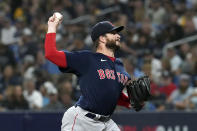 Boston Red Sox pitcher Ryan Brasier throws to a Tampa Bay Rays batter during the seventh inning of Game 2 of a baseball American League Division Series, Friday, Oct. 8, 2021, in St. Petersburg, Fla. (AP Photo/Steve Helber)