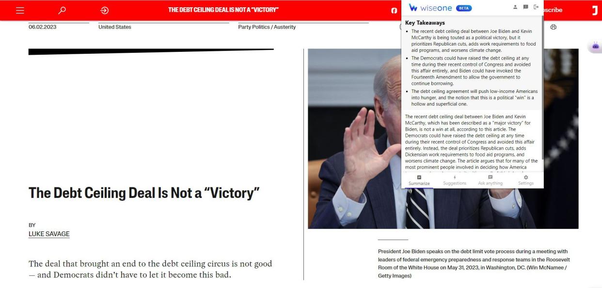 Screenshot of Wiseone Chrome extension summarizing a Jacobin article