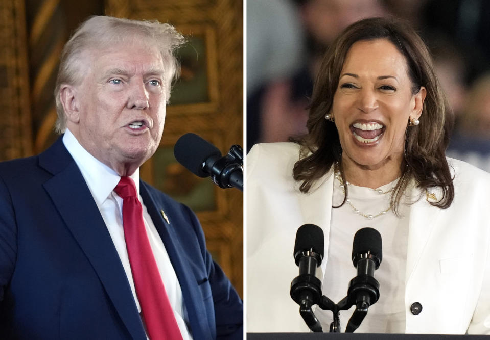 Republican presidential nominee former President Donald Trump speaks to reporters during a news conference, Aug. 8, 2024, in Palm Beach, Fla., left, and Democratic presidential nominee Vice President Kamala Harris speaks at a campaign rally, Aug. 7, 2024, in Romulus, Mich. (AP Photo)