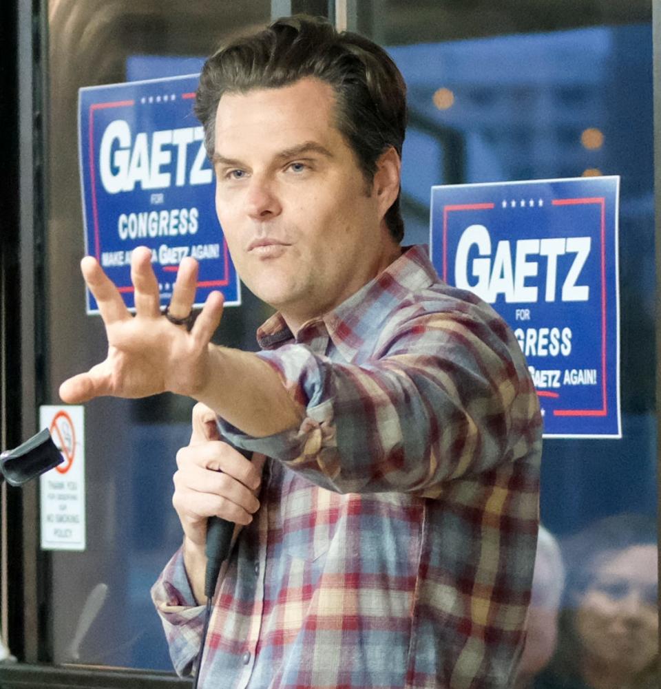 U.S. Rep. Matt Gaetz speaks to the South Walton Republican Club in Miramar Beach on Tuesday. He touched on a number of familiar themes, including his support for the military, securing the U.S.-Mexico border and his alliance with controversial young Republican lawmakers.