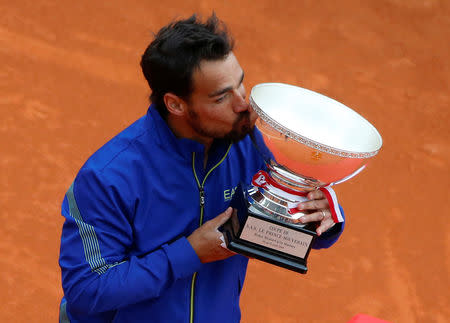 Tennis - ATP 1000 - Monte Carlo Masters - Monte-Carlo Country Club, Roquebrune-Cap-Martin, France - April 21, 2019 Italy's Fabio Fognini celebrates with the trophy after winning the Monte Carlo Masters REUTERS/Jean-Paul Pelissier