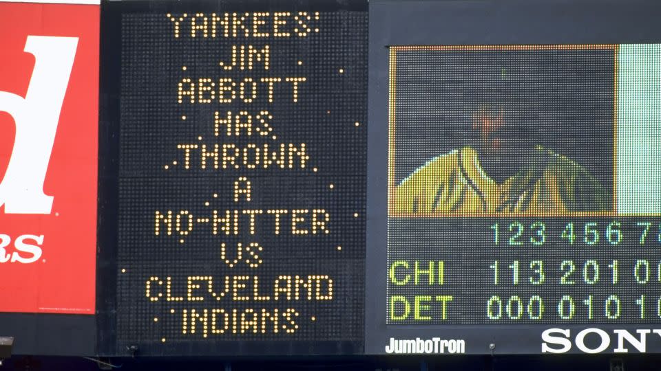 The Detroit Tigers scoreboard posting YANKEES JIM ABBOTT HAS THROWN A NO HITTER VS CLEVELAND INDIANS during Detroit Tigers vs Chicago White Sox at Tiger Stadium. - Chuck Solomon/Sports Illustrated/Getty Images