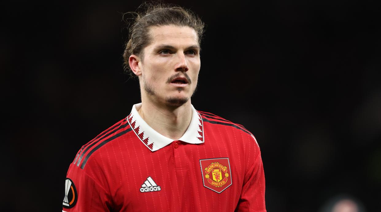  Marcel Sabitzer of Manchester United looks on during the UEFA Europa League quarter-final first leg match between Manchester United and Sevilla at Old Trafford on April 13, 2023 in Manchester, United Kingdom. 