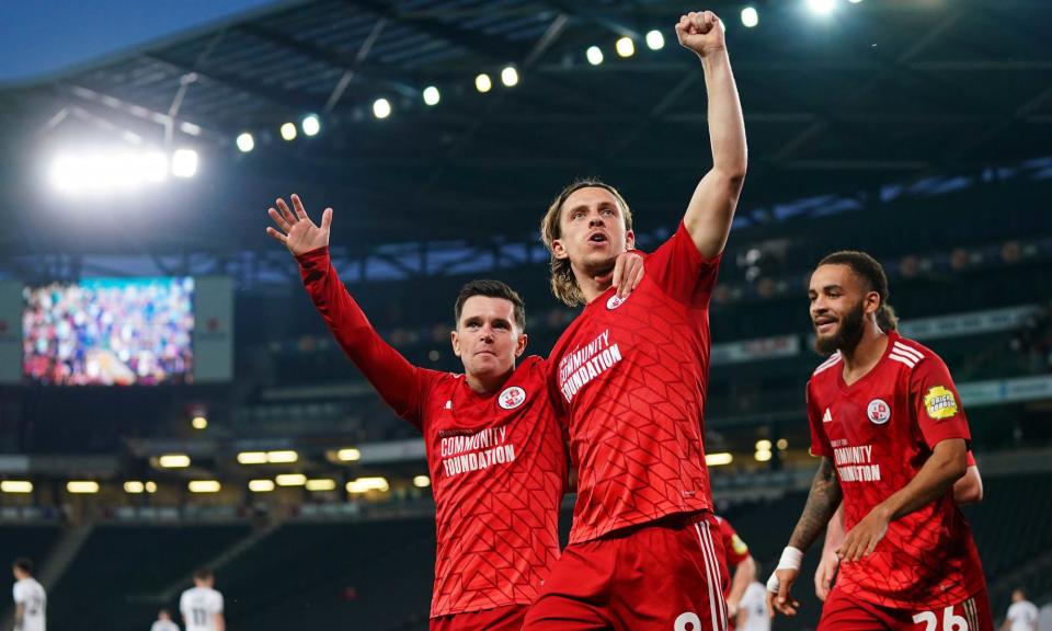 <span>Danilo Orsi celebrates his second for Crawley as the visitors finish the job in style at MK Dons.</span><span>Photograph: Robbie Stephenson/PA</span>