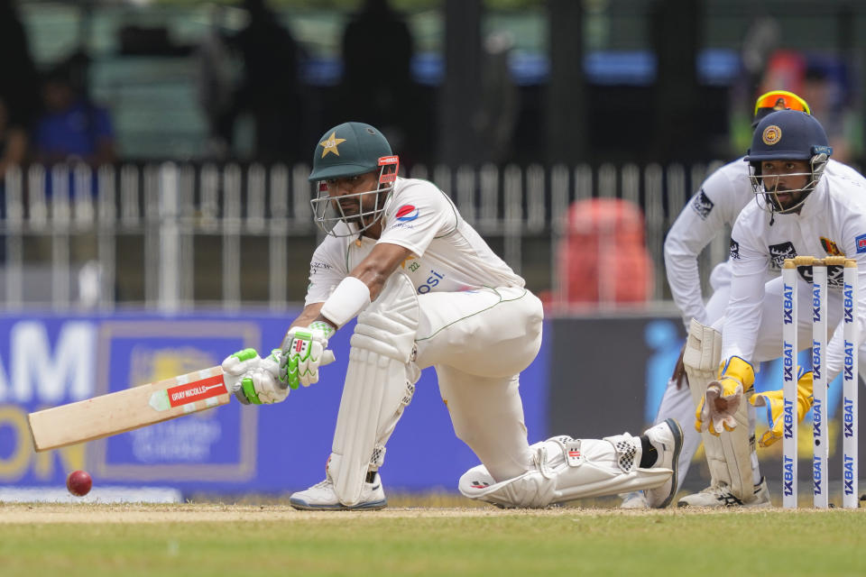 Pakistan's Babar Azam plays a shot during the second day of the second cricket test match between Sri Lanka and Pakistan in Colombo, Sri Lanka on Tuesday, Jul. 25. (AP Photo/Eranga Jayawardena)