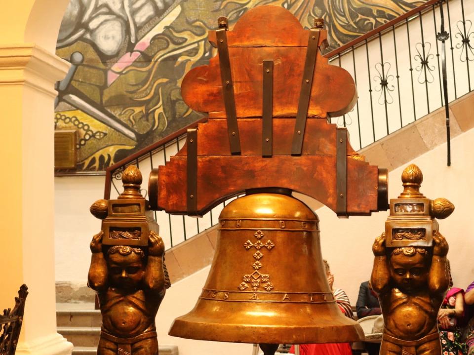 A replica of the ‘independence bell’ at Casa Mariano Abasolo in the city of Dolores Hidalgo, Guanajuato (EPA)