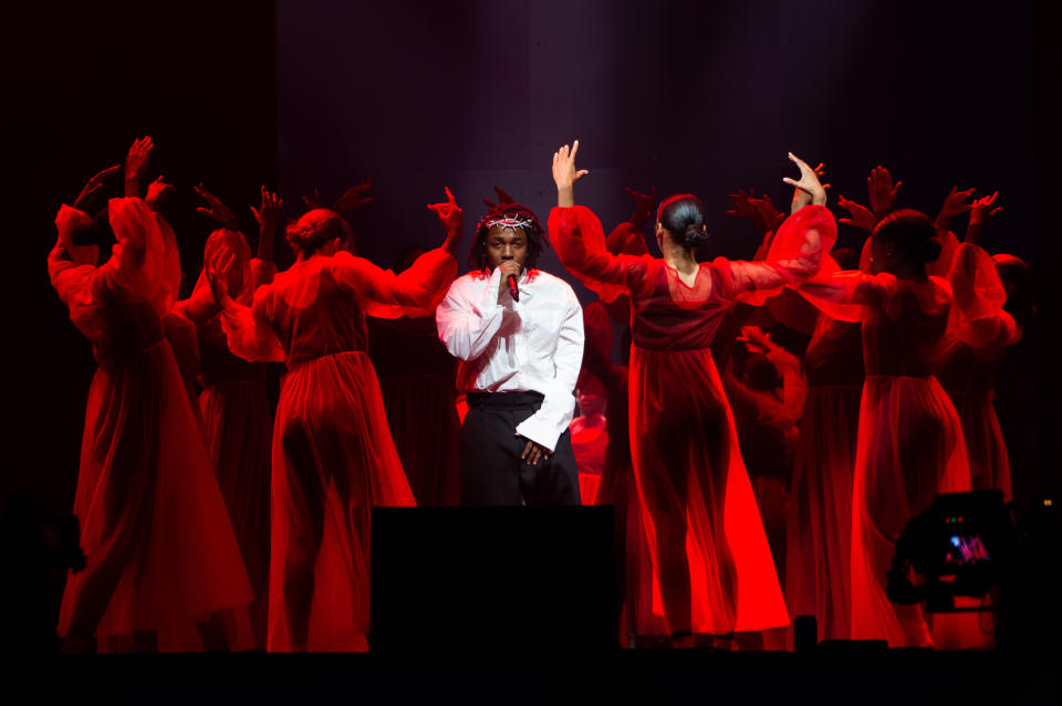 Kendrick Lamar performs on the Pyramid stage during day five of the Glastonbury Festival at Worthy Farm, Pilton on June 26, 2022 in Glastonbury, England. - Credit: Joseph Okpako/WireImage