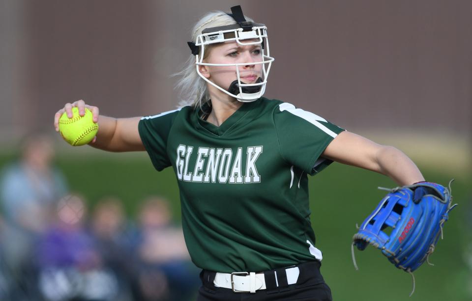 GlenOak's Ryleigh Hall in first inning play at Jackson.  Tuesday, April 4, 2023.