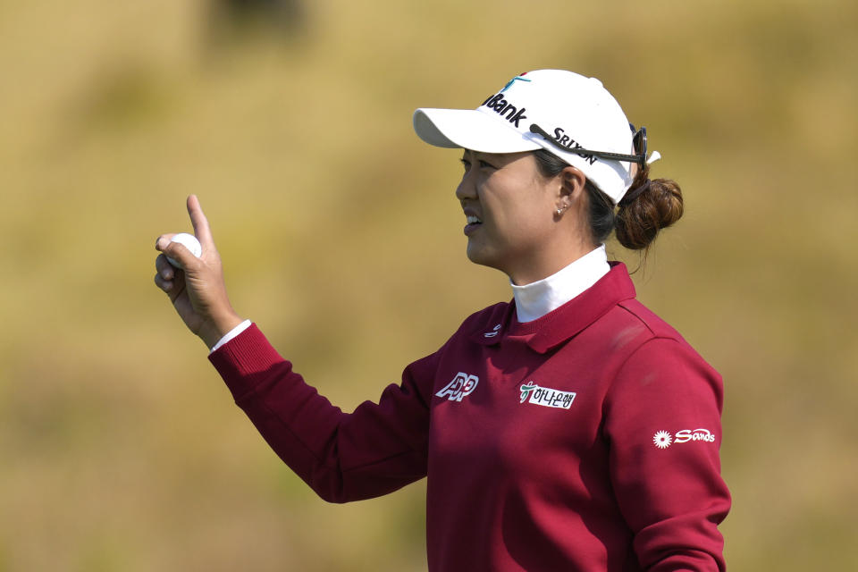 Minjee Lee of Australia reacts after making a putt on the 7th hole during the third round of the BMW Ladies Championship at the Seowon Hills Country Club in Paju, South Korea, Saturday, Oct. 21, 2023. (AP Photo/Lee Jin-man)