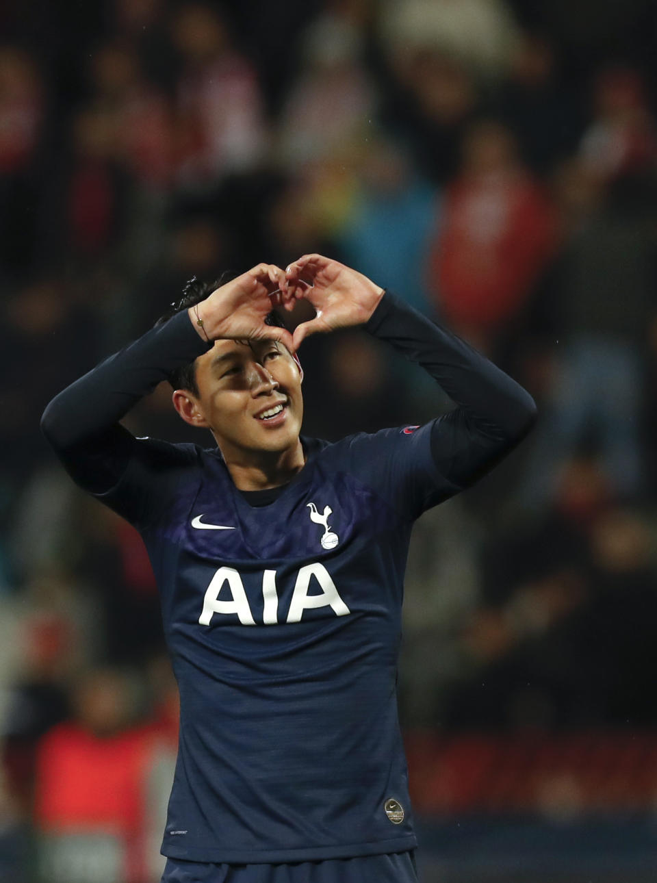Tottenham's Son Heung-min, celebrates after scoring his side's third goal during the Champions League group B soccer match between Red Star and Tottenham, at the Rajko Mitic Stadium in Belgrade, Serbia, Wednesday, Nov. 6, 2019. (AP Photo/Darko Vojinovic)