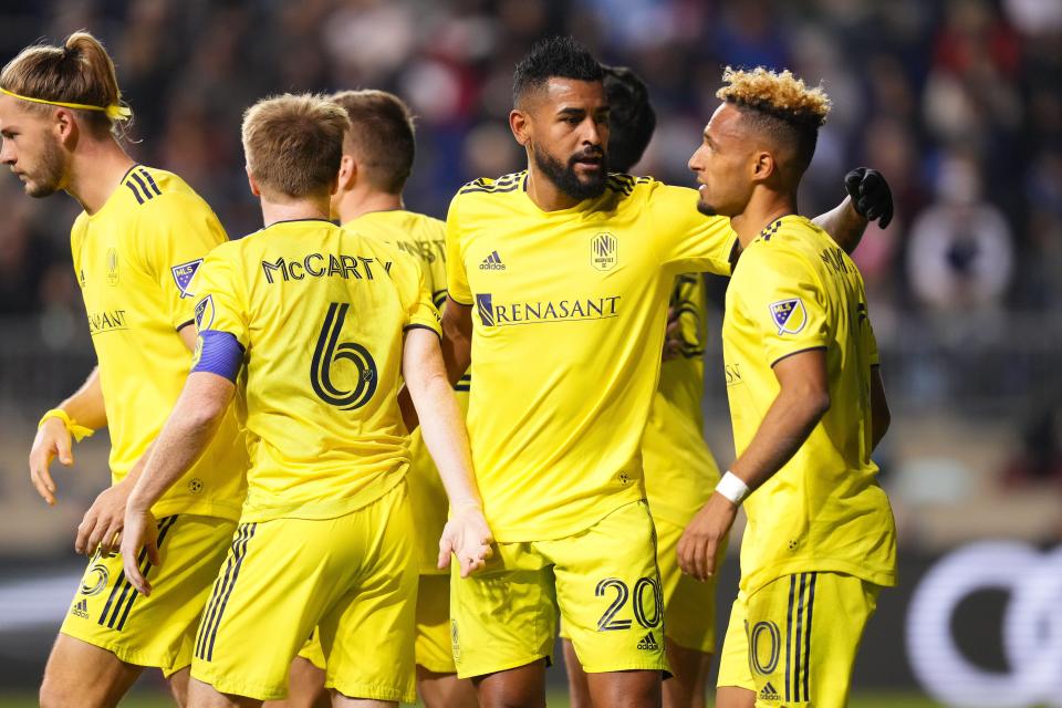 Nov 28, 2021; Chester, Pennsylvania, USA; Nashville SC midfielder Hany Mukhtar (10) celebrates with teammates after scoring a goal during the first half against the Philadelphia Union in the conference semifinals of the 2021 MLS playoffs at Subaru Park. Mandatory Credit: Mitchell Leff-USA TODAY Sports