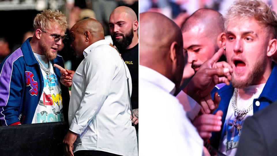 Seen here, UFC great Daniel Cormier points his finger in anger at Jake Paul.