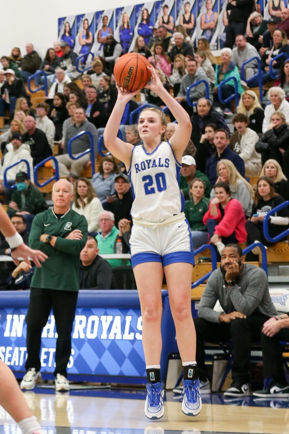 Hamilton Southeastern Kayla Stidham (20) with a 3 point attempt as Zionsville takes on Hamilton Southeastern High School in the S8 IHSAA Class 4A Girls Basketball State Semi-finals; Feb 2, 2024; Fishers, IN, USA; at Hamilton Southeastern High School.