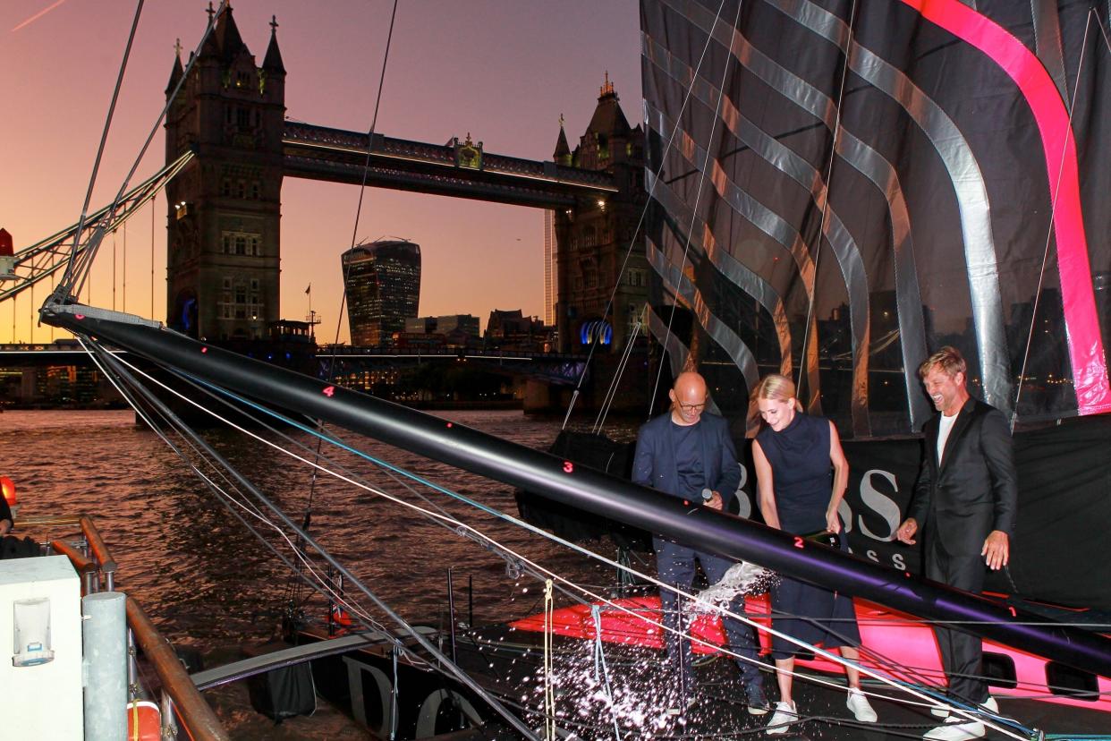 Mr Langer, Poppy Delevingne and Alex Thomson attend the The 'HUGO BOSS' Boat Christening Ceremony and Cocktail Party: Dave Benett/Getty Images for Hug