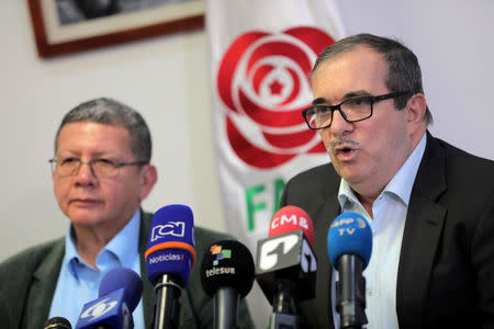 Colombian former FARC rebel leader Rodrigo Londono, known by his nom de guerre Timochenko, speaks during a news conferece in Bogota, Colombia May 15, 2019. REUTERS/Luisa Gonzalez