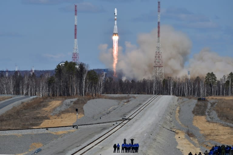 A Russian Soyuz 2.1a rocket, carrying Lomonosov, Aist-2D and SamSat-218 satellites, lifts off from the launch pad of the new Vostochny cosmodrome outside the city of Uglegorsk, in Russia's far eastern Amur region, on April 28, 2016